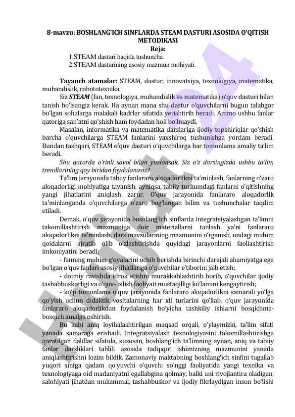 Boshlang‘ich sinflarda steam dasturi o‘qitish metodikasi