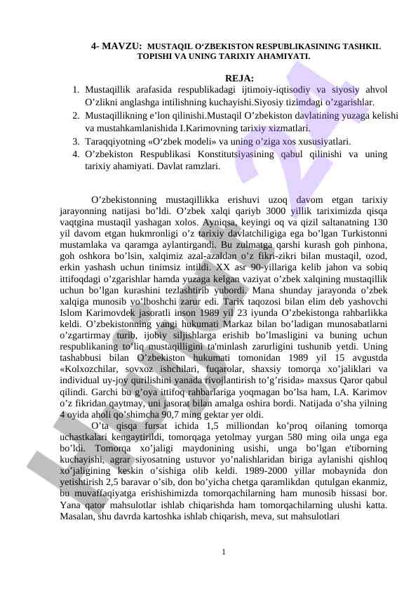 Mustaqil o‘zbekiston respublikasining tarixiy ahamiyati