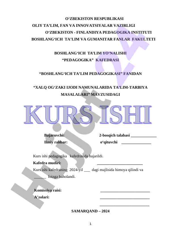 Boshlang‘ich ta’lim pedagogikasi fanidan kurs ish