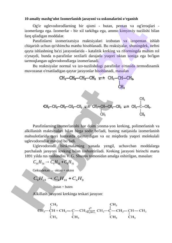 Izomerlanish jarayoni va uskunalari o‘rganish