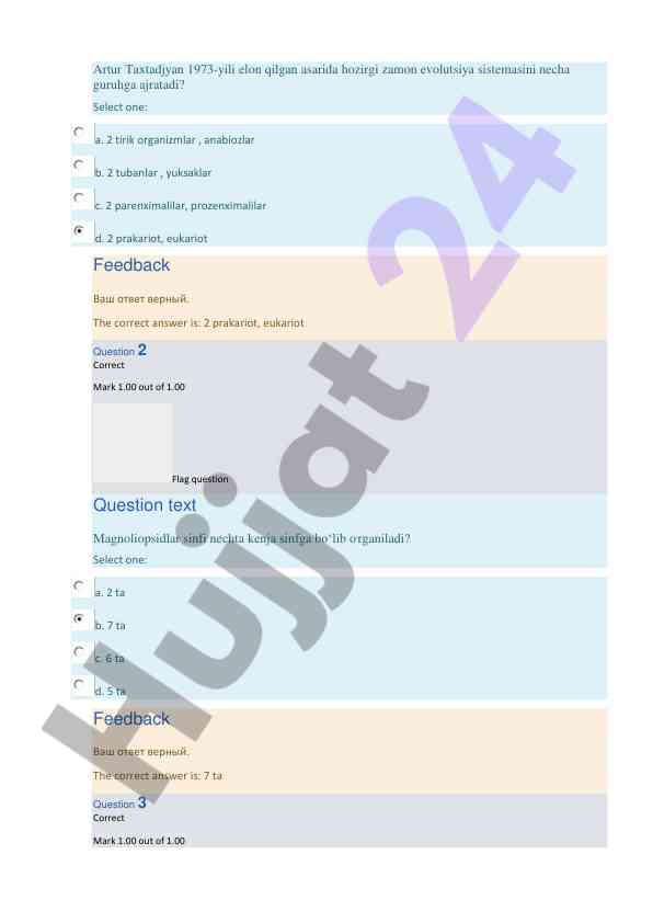 Biologiya testlari va javoblar