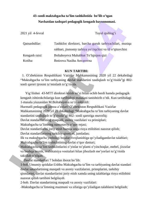 Maktabgacha ta’lim tashkilotida pedagogik kengash