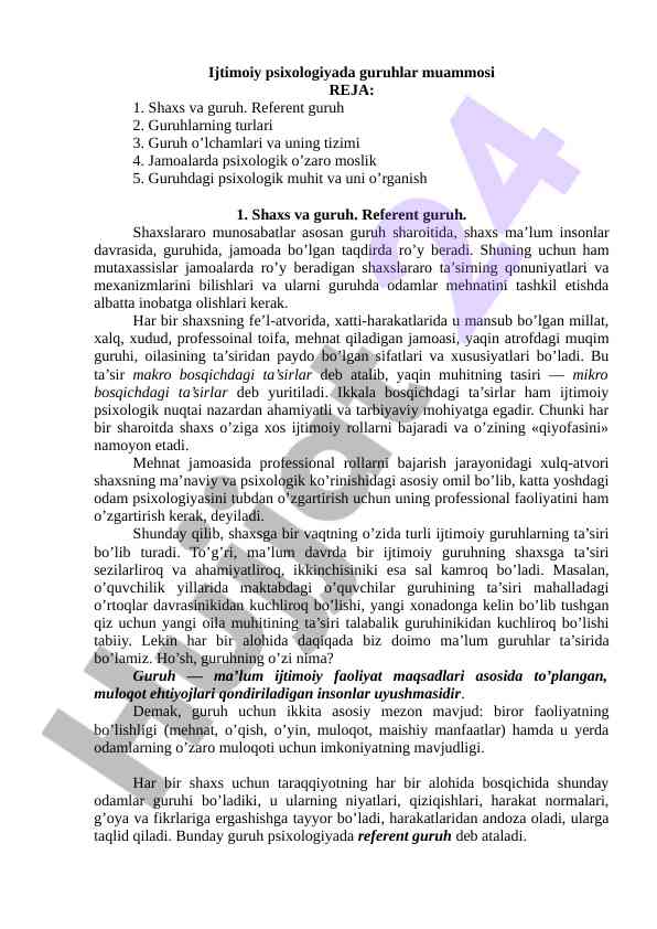 Ijtimoiy psixologiyada guruhlar muammosi