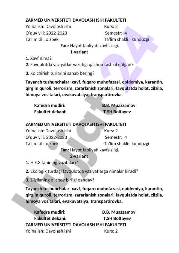 Hayot faoliyati xavfsizligi fanidan dars ishlanmalari