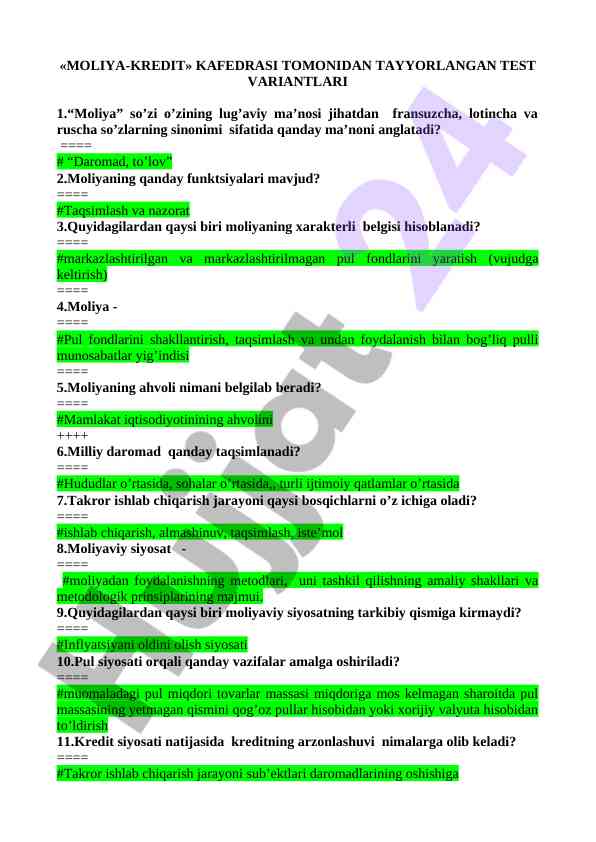 Moliya kredit kafedrasi test variantlari 1