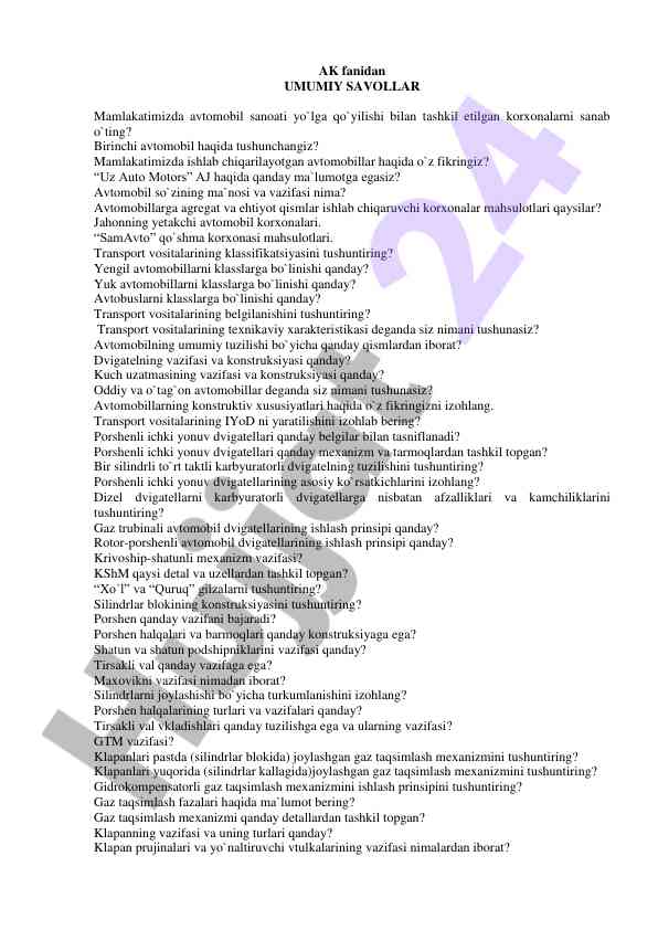 Avtomobil sanoati va transport vositalari tahlili