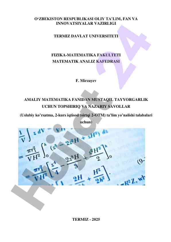 Amaliy matematikadan mustaqil tayyorgarlik uchin topshiriqlar