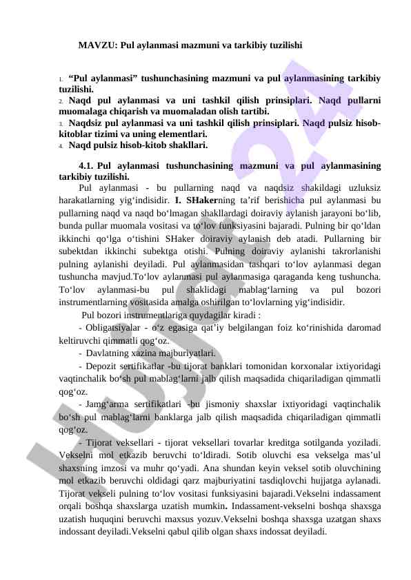 Pul aylanmasi mazmuni va tarkibiy tuzilishi
