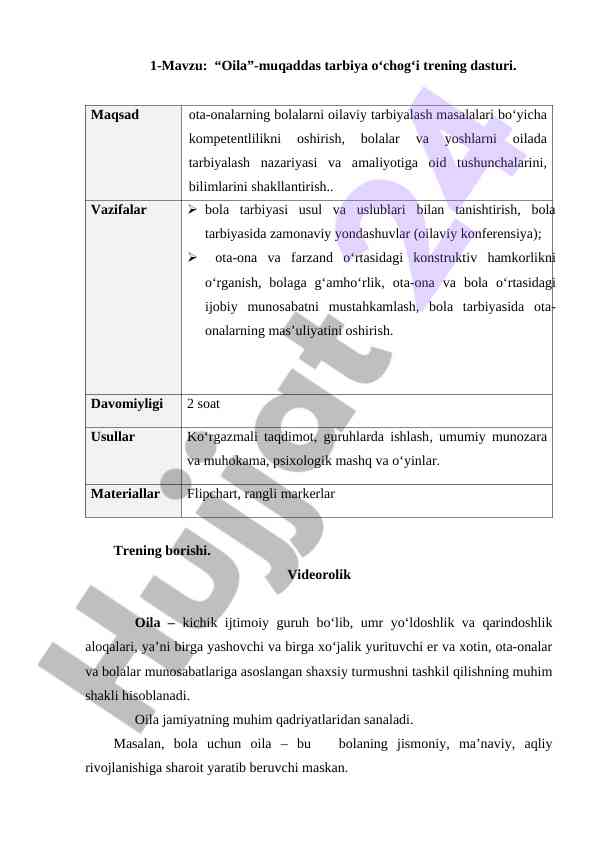 Oila muqaddas tarbiya trening dasturi
