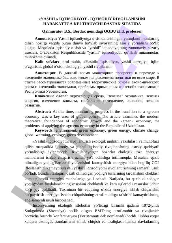 Yashil iqtisodiyot va rivojlanishning zamonaviy asoslari