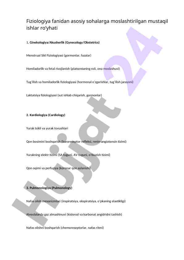 Fiziologiya fanidan mustaqil ishlar ro'yhati