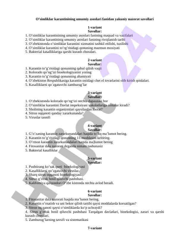 O’simliklar karantinining umumiy asoslari savollari