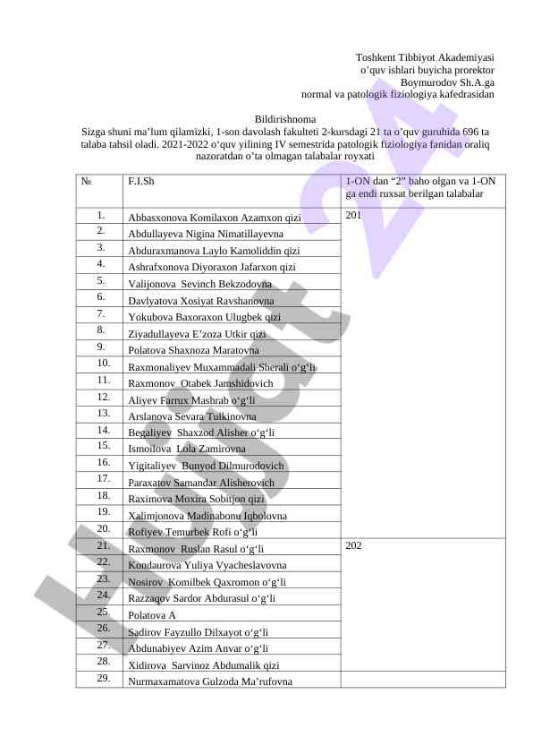 Patologik fiziologiya fanidan nazorat ro'yxati