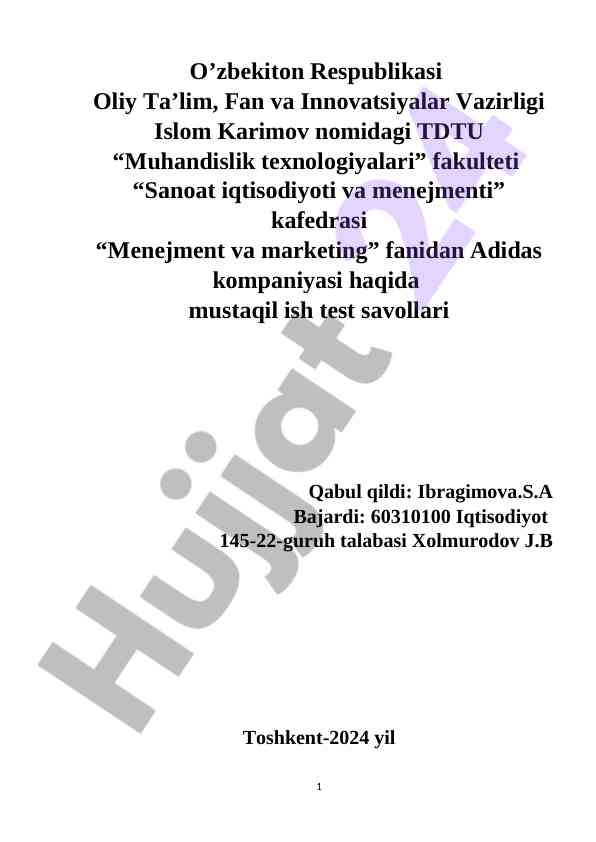 Adidas kompaniyasi haqida mustaqil ish test savollari