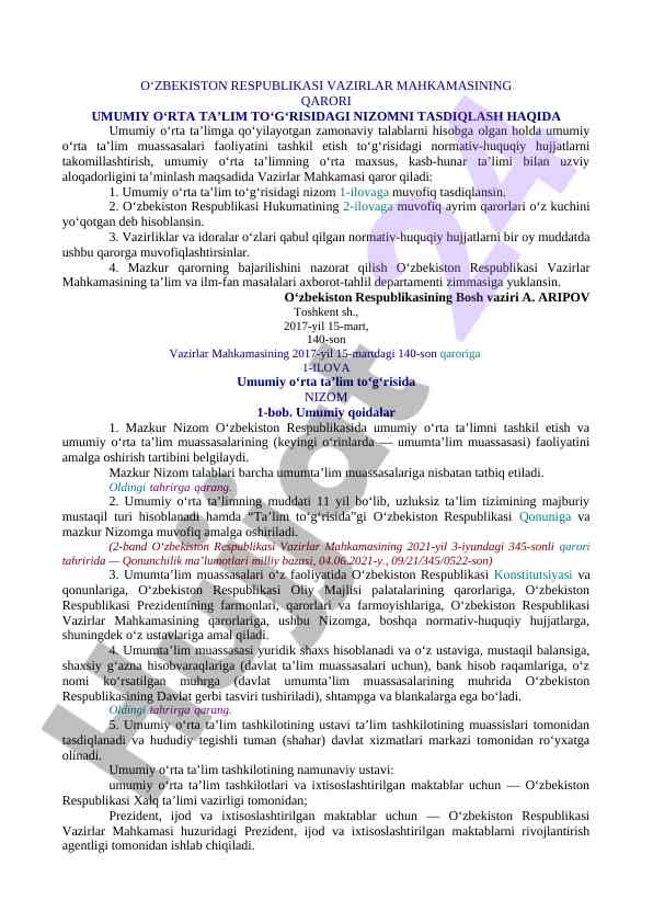 Umumiy o‘rta ta’lim nizomini tasdiqlash qarori