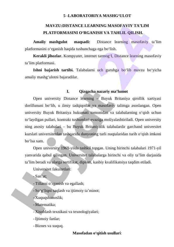 Masofaviy ta'lim platformasini o'rganish va tahlil