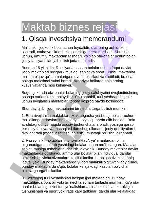 Maktab biznes rejasi: investitsiya memorandumi