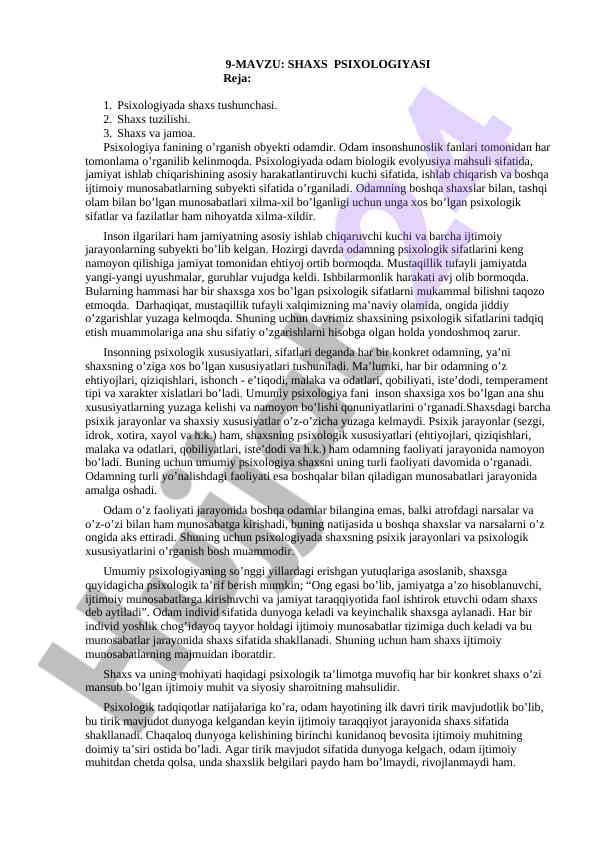 Shaxs psixologiyasi va ijtimoiy munosabatlar