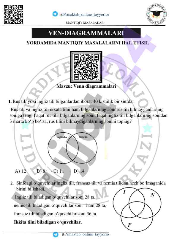 Venn diagrammalarida mantiqiy masalalar hal etish