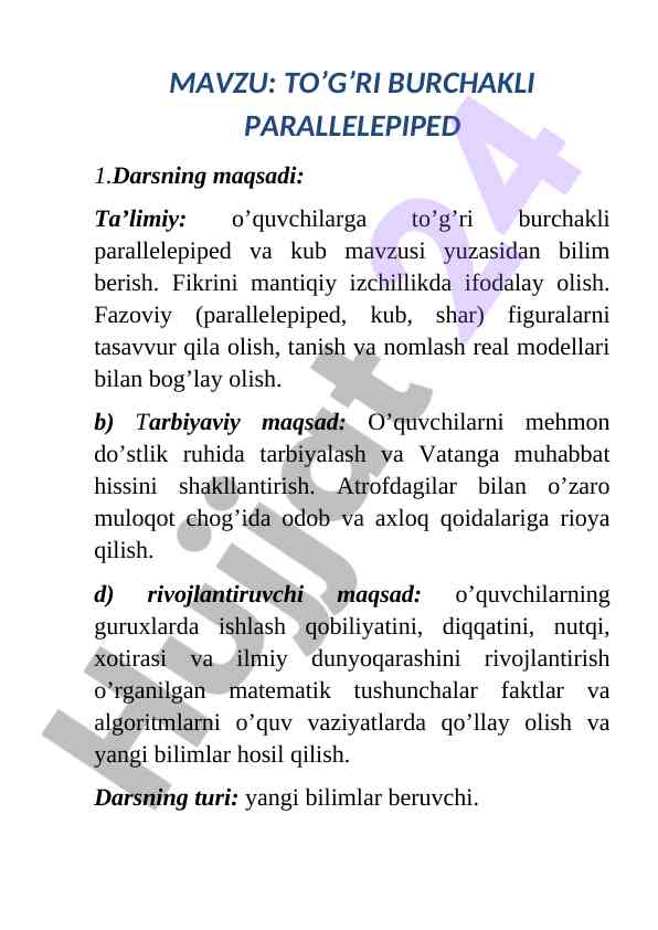 To’g’ri burchakli parallelepiped mavzusi dars