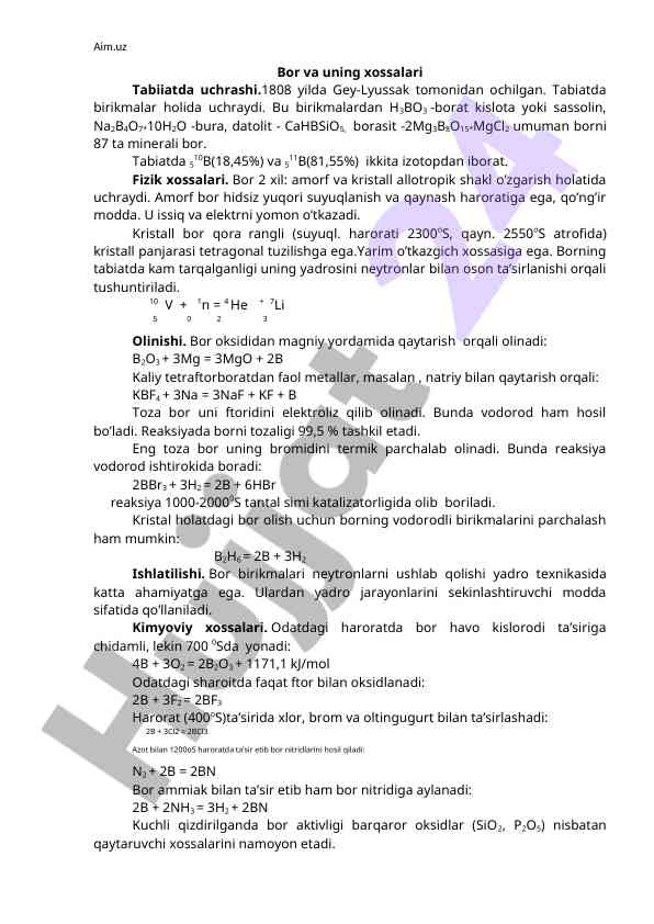 Bor va uning xossalari tabiatda uchrashi