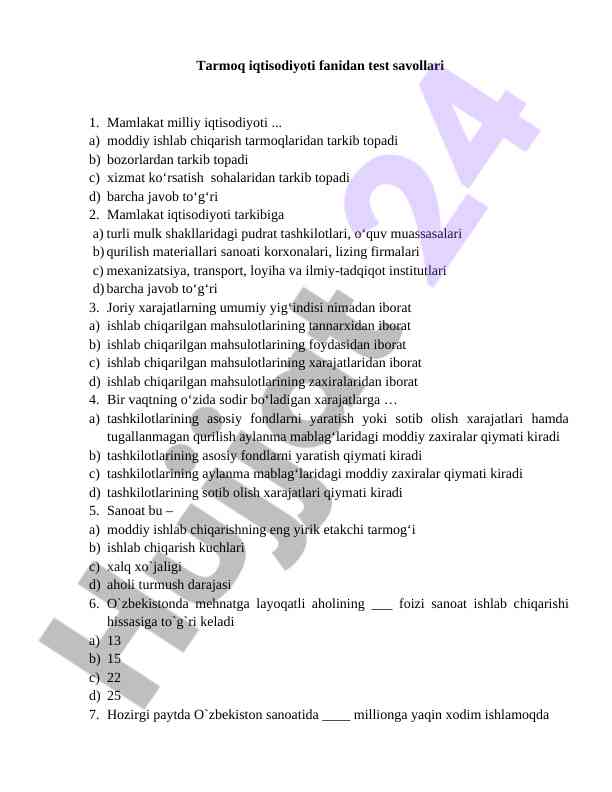 Tarmoq iqtisodiyoti fanidan test savollari