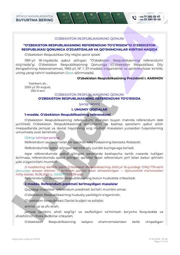 Ozbekiston respublikasi referendumi qonunidagi ozgartirishlar