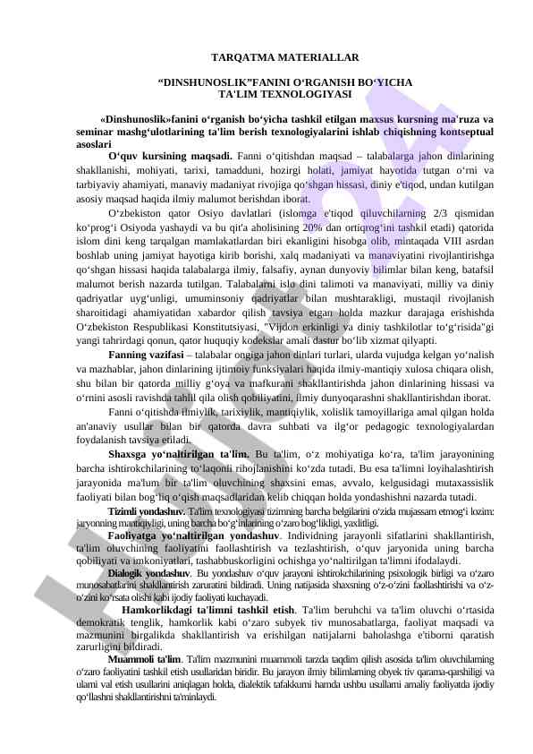 Dinshunoslik fanini o‘rganish kursi bo‘yicha ma'ruza