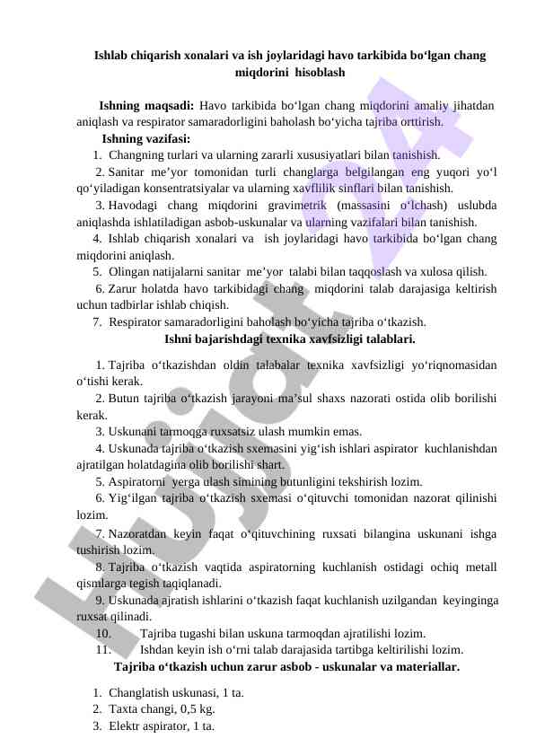 Ish joylaridagi havo tarkibida chang miqdorini hisoblash