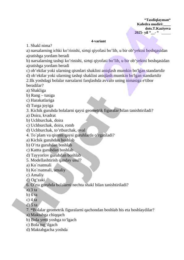 Bolalarga geometrik figuralarni o‘rgatish testlari
