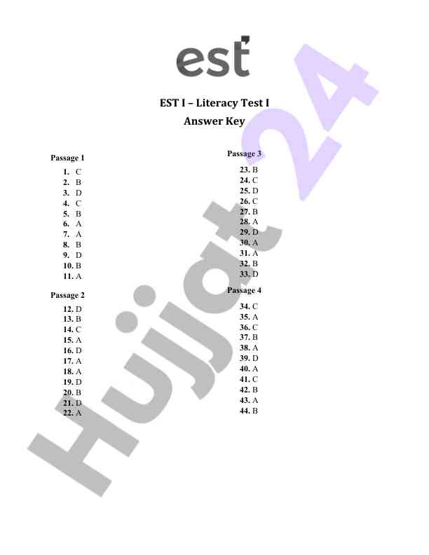 Est i literacy test i answer key overview