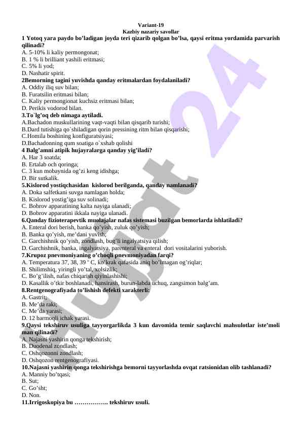 Variant-19 kazbiy nazariy savollar bemorlar uchun