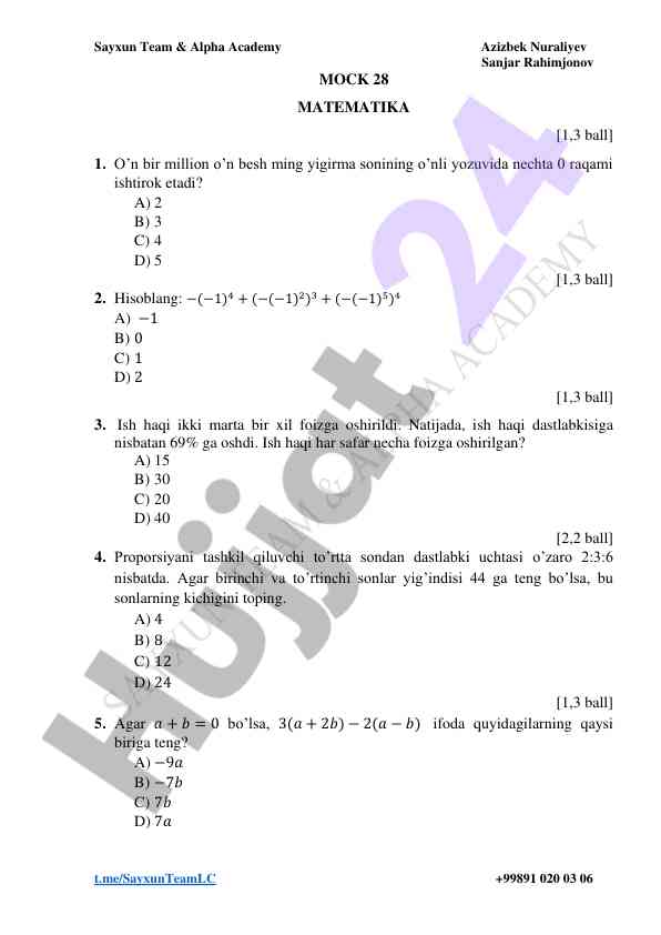 Matematika testlari va hisoblash masalalari