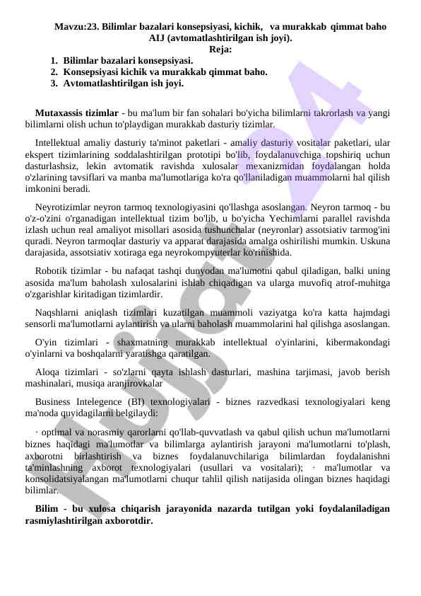 Bilimlar bazalari konsepsiyasi va avtomatlashtirilgan ish joyi