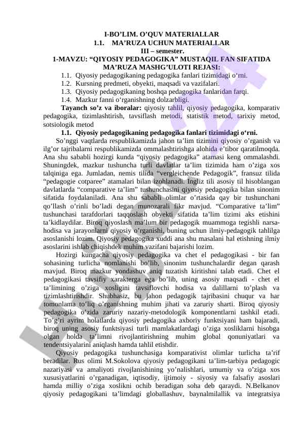 Qiyosiy pedagogika o‘qish materiallari iii semestr