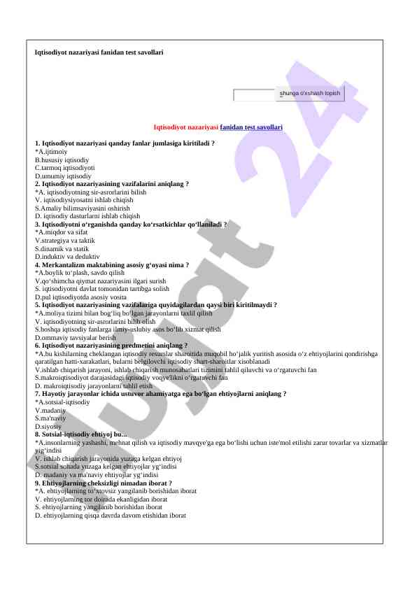 Iqtisodiyot nazariyasi fanidan test savollari