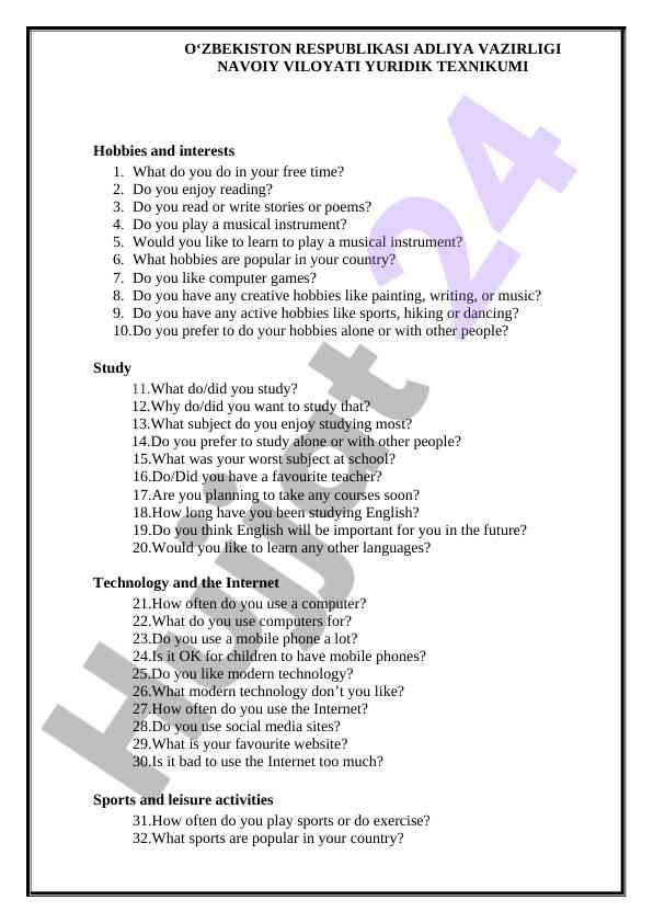 Hobbies and interests questionnaire for students