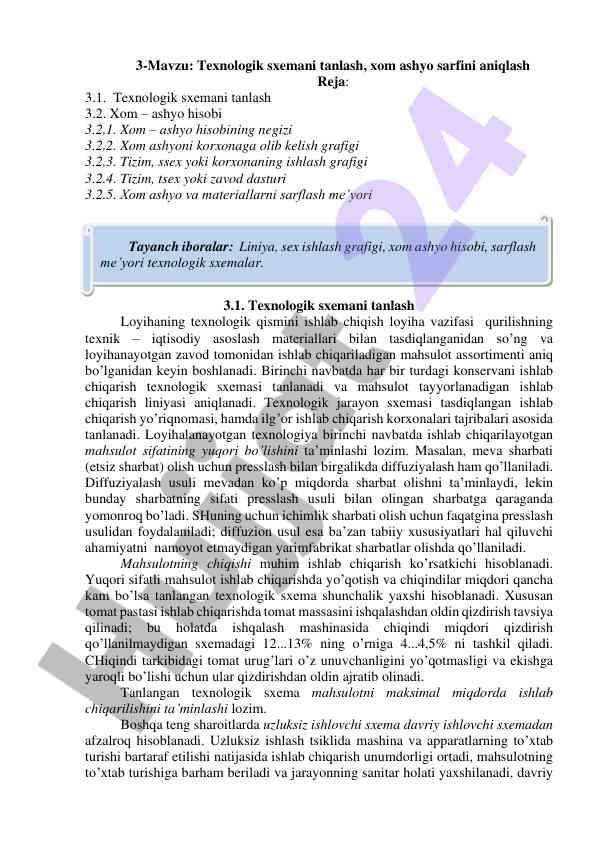Texnologik sxemani tanlash va xom ashyo sarfi