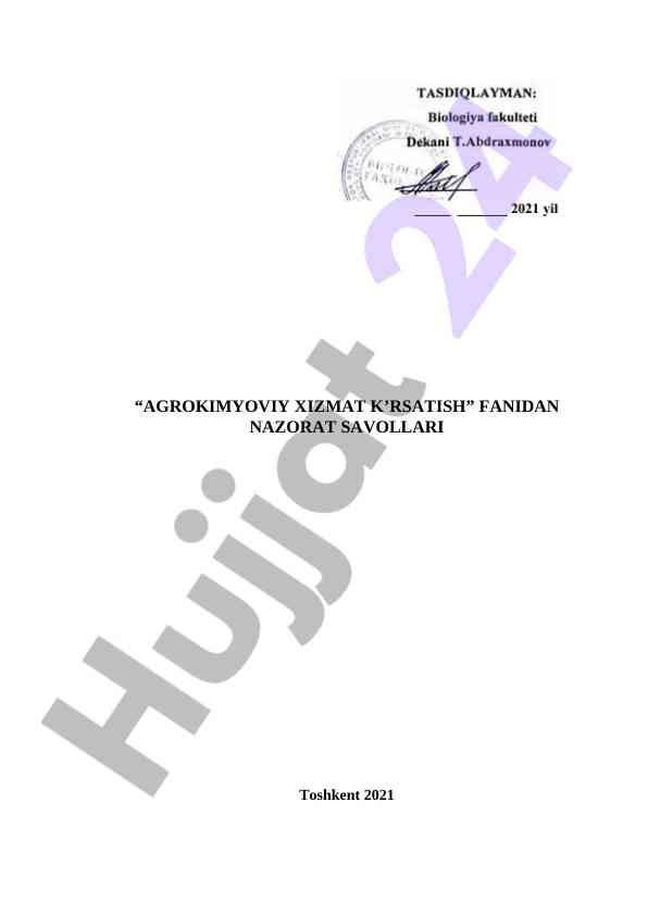 Agrokimyoviy xizmat ko'rsatish fanidan nazorat savollari