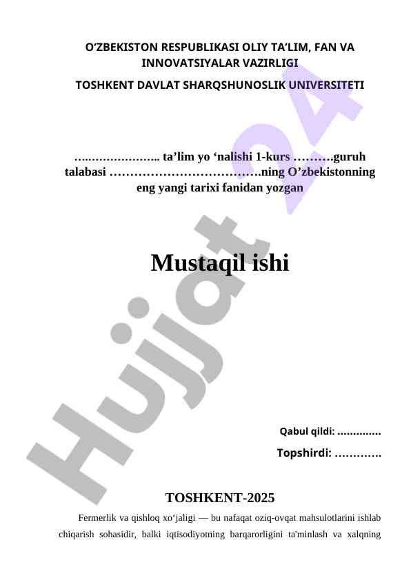 QISHLOQ XO'JALIGIDA TADBIRKORLIKNI RIVOJLANTIRISH