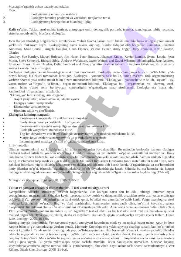Ekologiya fanining umumiy masalalari va tarixi