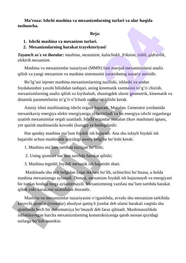 Ishchi mashina va mexanizmlarning turlari tushunchasi