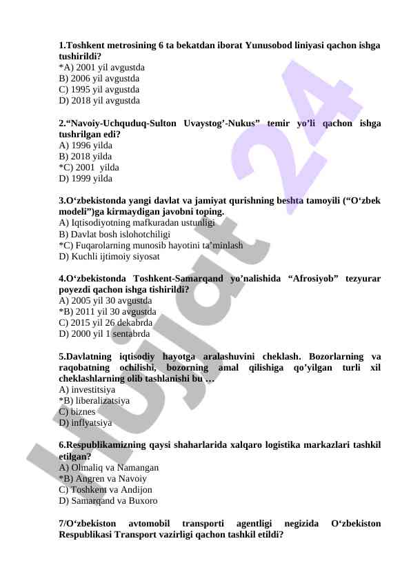 O‘zbekistan transporti va iqtisodi haqida savollar