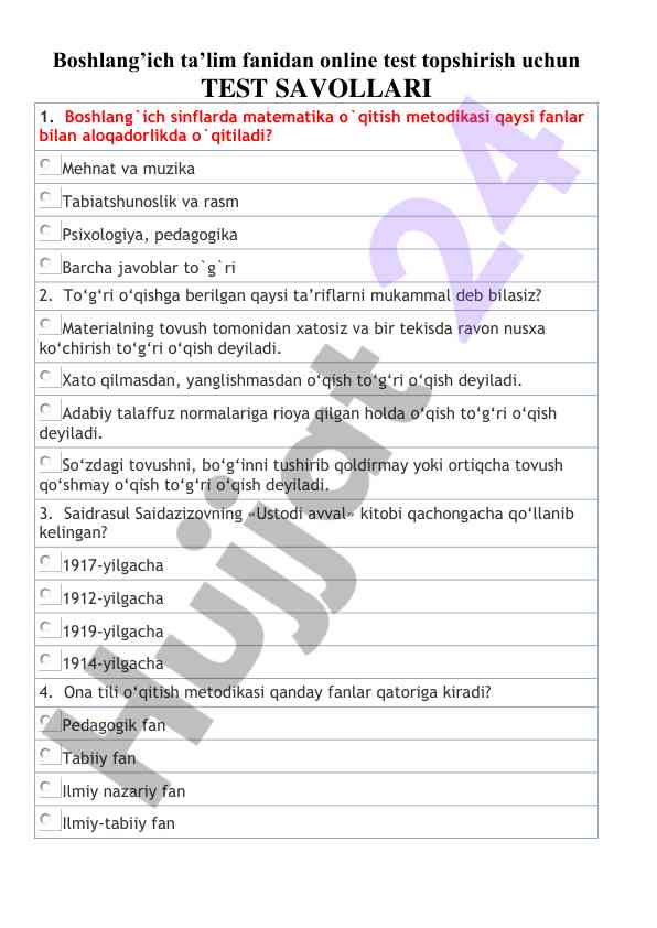 Boshlang’ich ta’lim fanidan online test savollari