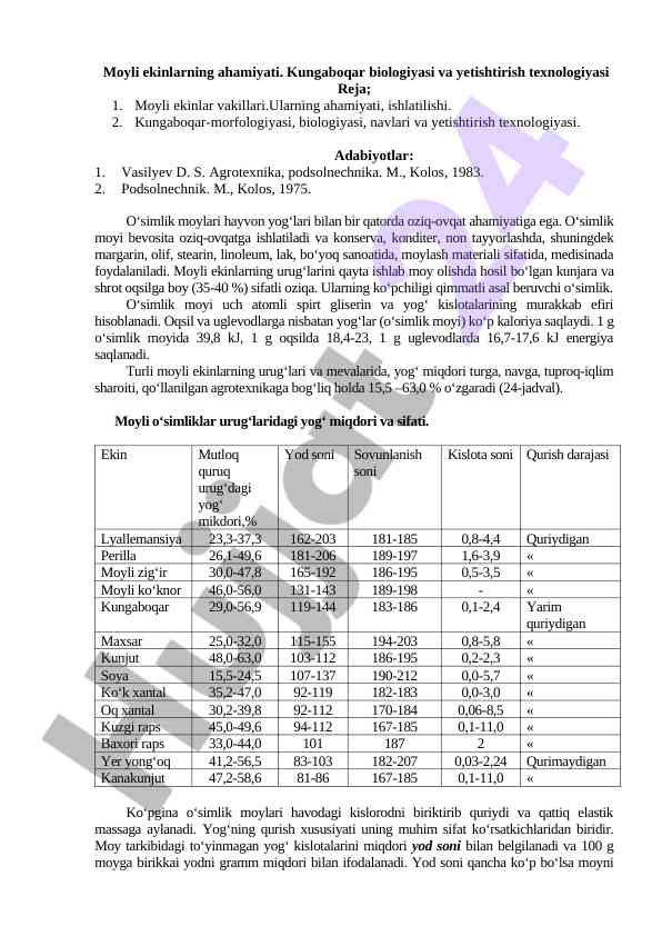 Moyli ekinlarning ahamiyati va yetishtirish texnologiyasi