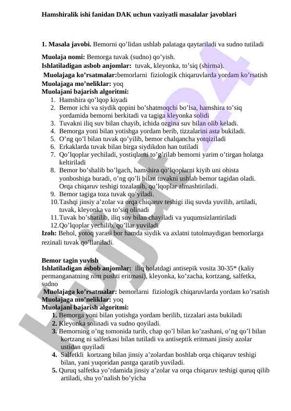 Hamshiralik ishlariga oid vaziyatli masalalar javoblari