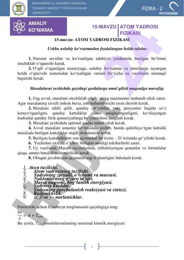 Atom yadrosi fizikasi bo‘yicha o‘quv qo‘llanma