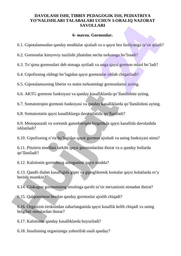 Gormonlar haqida nazorat savollari