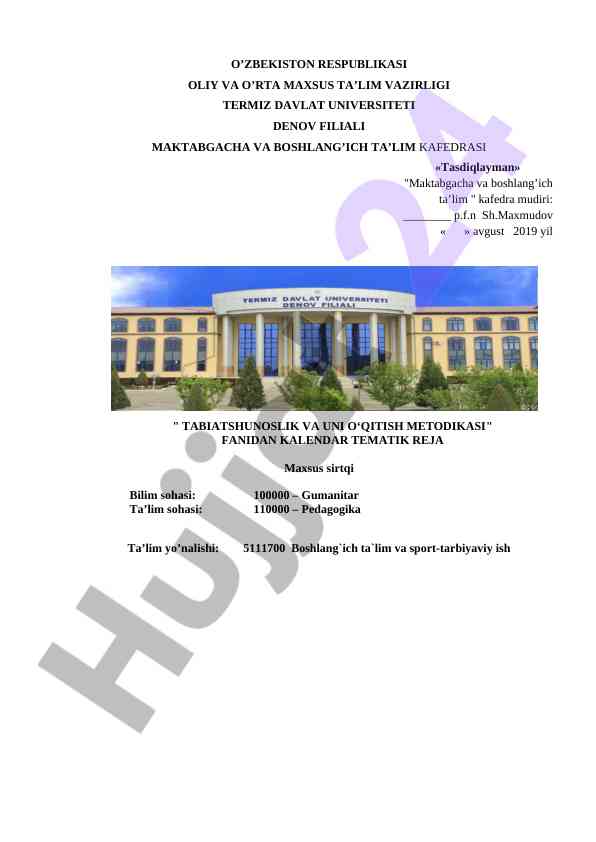 Tabiatshunoslik va uni o‘qitish metodikasi kalendar rejasi