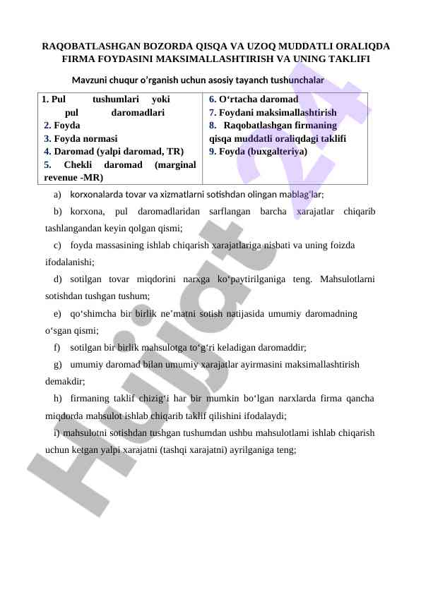 Raqobatlashgan bozorda firma foydasini maksimallashtirish